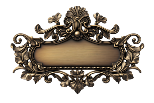 Ornamental Plaque with Floral Design: An ornate, antique-style plaque with a blank space for text, beautifully framed by intricate floral carvings, showcasing a rich, metallic texture.