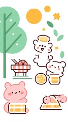 Playful Pastel Illustration of Pink Bears with Lemons and Cake