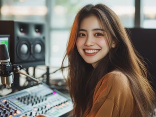 Smiling Young Woman with Long Hair in Modern Music Studio Setting