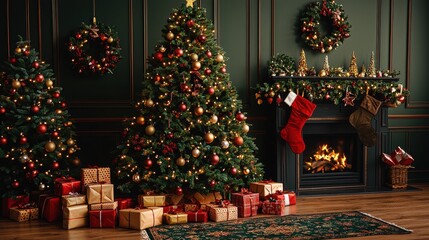 A Christmas tree, a festive symbol of the holiday season, stands majestically against a verdant green background, its needles glistening in the soft light. A stack of wrapped gift boxes lies 