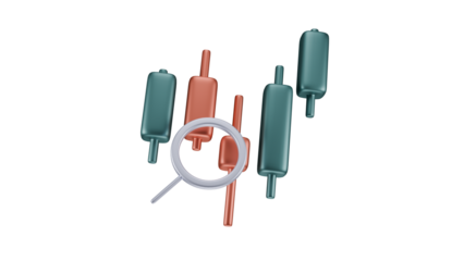 3D Rendered Candlestick Chart Elements with Magnifying Glass for Financial Trading Analysis