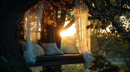 Whimsical treehouse hideaway with fairy lights and lace curtains, bathed in golden sunlight.