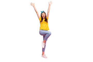 Full size photo of pretty lady with raised hands screaming wearing yellow t-shirt isolated over pink background