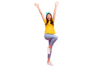 Full size photo of pretty lady with raised hands screaming wearing yellow t-shirt isolated over pink background
