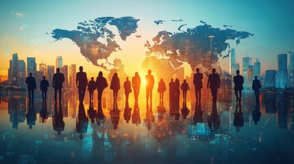 Fototapeta premium Silhouetted business figures against global map with city skyline at sunset