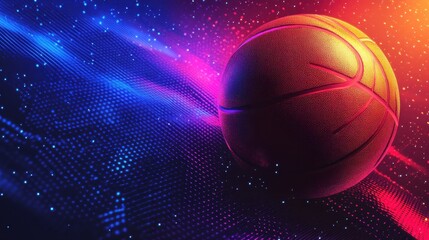Fototapeta premium Vibrant basketball floating in neon lit digital space with colorful light effects