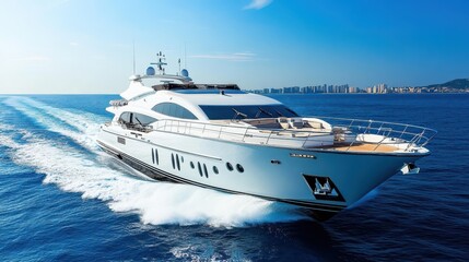 Fototapeta premium Luxurious white yacht sailing on open sea near city skyline under clear blue sky