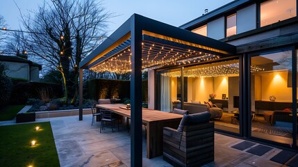 Obraz premium Modern Outdoor Patio Design with String Lights Evening Garden Pergola Dinner Table