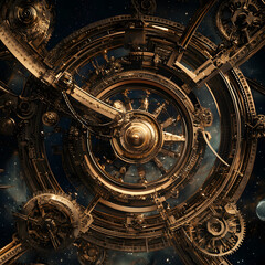 Obraz premium Celestial Clockwork A Golden Mechanism in Space