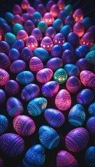 Vertical wallpaper, phone case. Glowing neon Easter eggs, viewed from above, with intricate patterns in vibrant colors. Eggs softly glow against a dark background, creating Easter night magic.