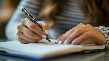Female writing in notebook with pen, close-up view of hands