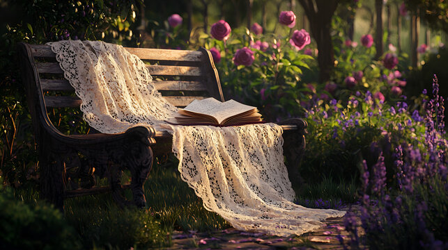 Open book on garden bench, bathed in sunlight with lace and flowers. Serene outdoor scene, inviting relaxatio
