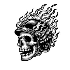 skull wearing a winged warrior helmet, engulfed in stylized flames, evoking power and rebellion engraving generative ai sketch PNG illustration