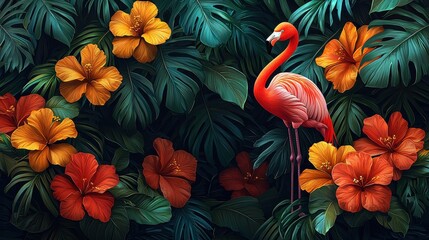 A cheerful flamingo, perched gracefully amidst a sea of vibrant tropical flowers, is poised to bring a sense of joy and liveliness to your design. The colors pop and radiate energy, infusing 