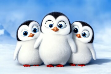 Fototapeta premium Three Cute Cartoon Penguins on Snowy Ground