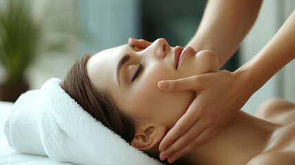 Fototapeta premium Young caucasian female receiving relaxing facial massage at spa