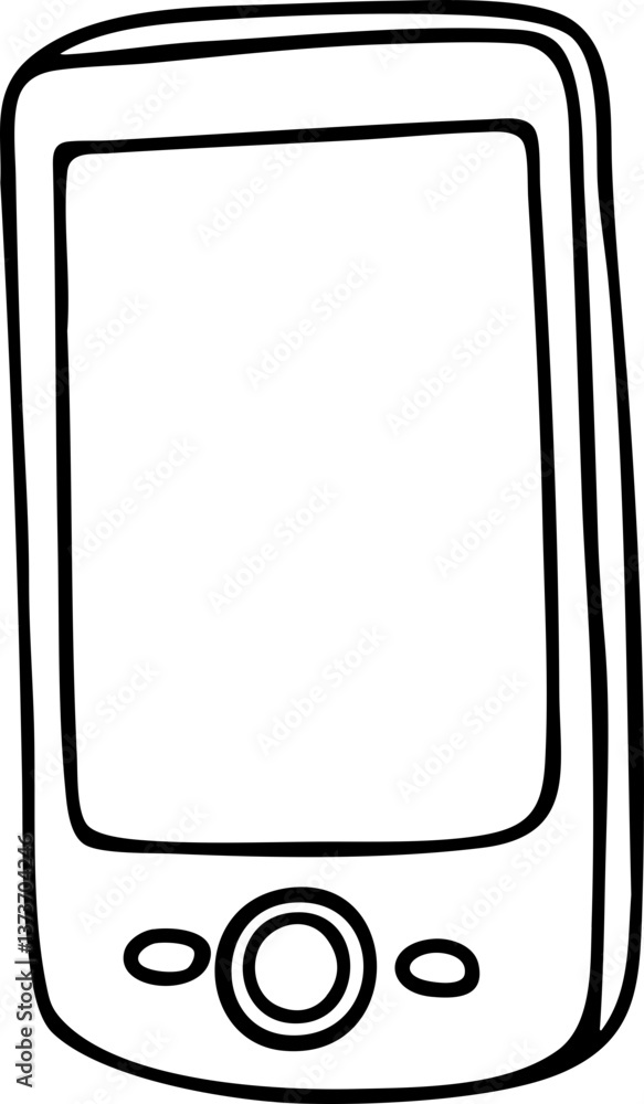 Poster a simple line drawing of a mobile phone, featuring a blank screen and a button at the bottom.