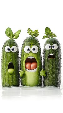 Naklejki Three Surprised Cartoon Cucumbers on White Background