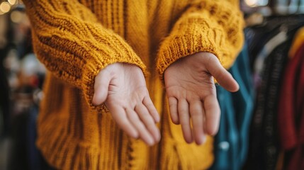 Close-up of outstretched female hands in a cozy yellow sweater