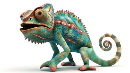 Obraz premium Vibrant Chameleon with Curly Tail Posing on White Background Cartoon Illustration