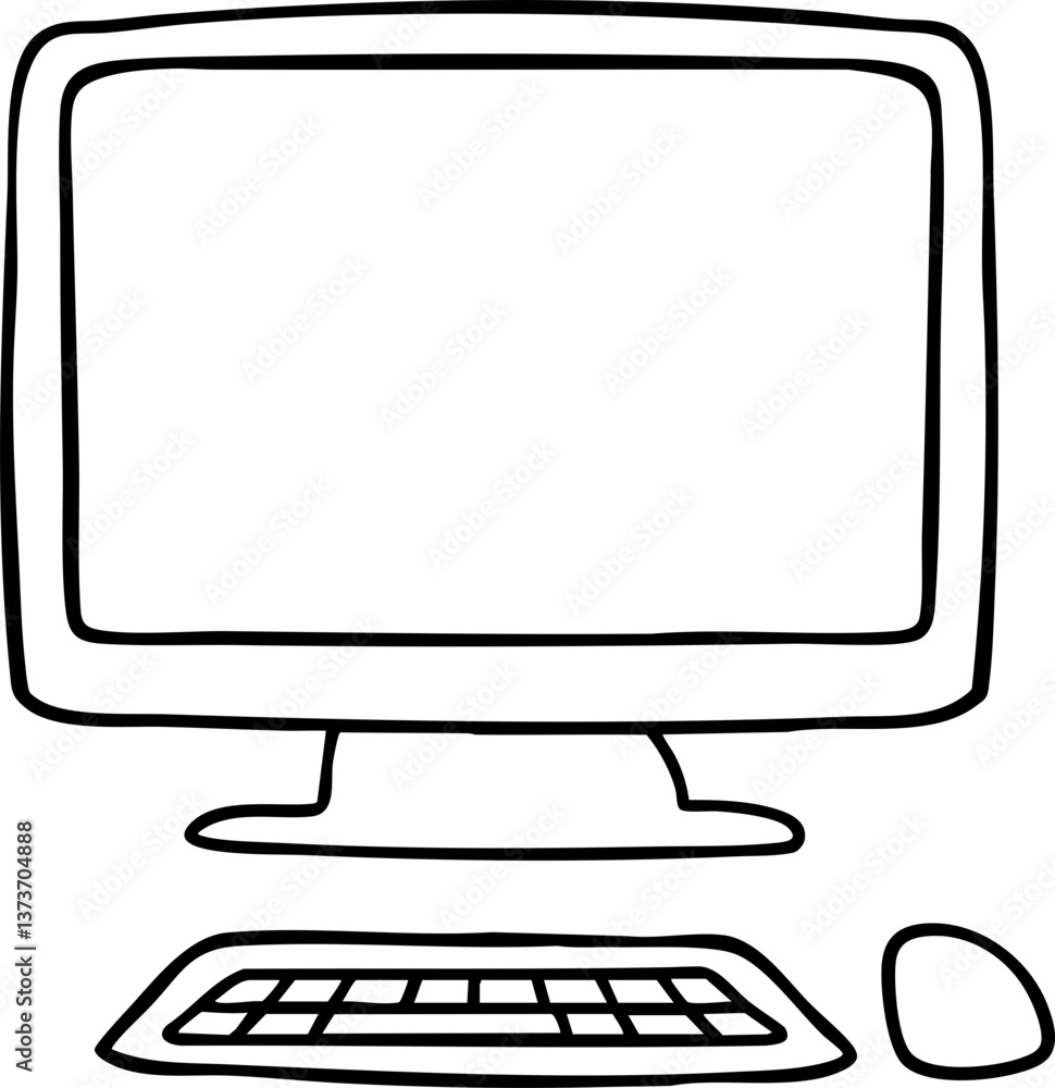 Poster outline of a computer monitor, keyboard, and mouse in a simple, minimalist style, emphasizing a digi
