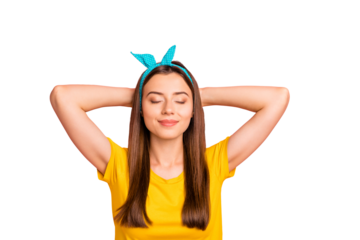 Top above angle photo of lovely youth with closed eyes lying wearing yellow t-shirt isolated over pink background
