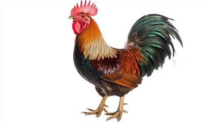 Fototapeta premium Majestic rooster with rainbow feathers is a realistic portrait of a domestic bird on a white background