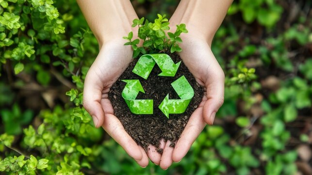 hands holding a green recycling simbol