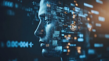 Digital face overlaid with data streams and code, representing AI and technology.