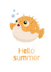 Cute pufferfish with hello summer text in cartoon style