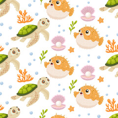 Cartoon turtles and pufferfish underwater seamless repeating pattern