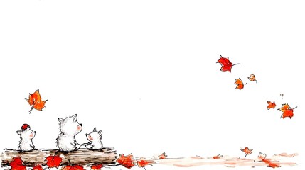 White Creatures on Log with Falling Autumn Leaves