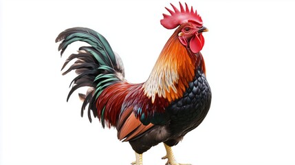 Majestic rooster with rainbow feathers is a realistic portrait of a domestic bird on a white background