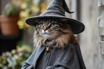 Fluffy cat dressed in wizard costume with a long robe and pointed hat enjoying a whimsical outdoor setting