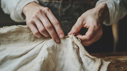 Close-up of hands in linen fabric stitching process