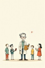 A large professor stands with four students, each holding a book, illustrating the joy of reading and learning together