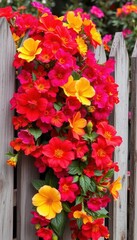Vibrant garden blooms spilling over weathered wood fence, rustic, vintage