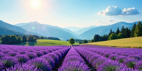 Obraz premium Serene Lavender Field Basking in the Warm Glow of a Summer Sun, Nestled Amidst Rolling Green Hills and Majestic Mountains