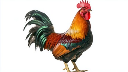 Fototapeta premium Majestic rooster with rainbow feathers is a realistic portrait of a domestic bird on a white background
