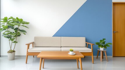 Living room setting featuring sofa table plants and wall