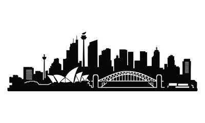 Naklejka premium Sydney City Skyline Silhouette, Vector, Icon, Logo, White Background.