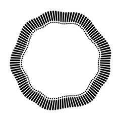 Abstract circular frame. Radial black concentric particles. Ring of short thin rays and dots with wavy silhouette isolated white background. Infographic element. Organic form. Vector illustration.