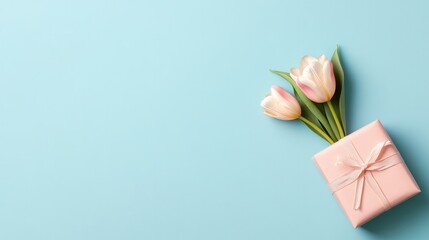 Fototapeta premium Soft pink tulips in gift box on calming blue backdrop evoke love