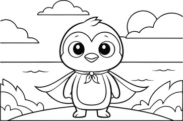 Cute Cartoon Penguin with Cape Outline on Landscape with Transparent Background