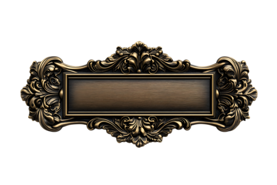 Ornate Metal Sign: A detailed close-up of a vintage, ornate metal sign with intricate floral patterns. The sign, with its rich texture and antique finish, could adorn a building. 