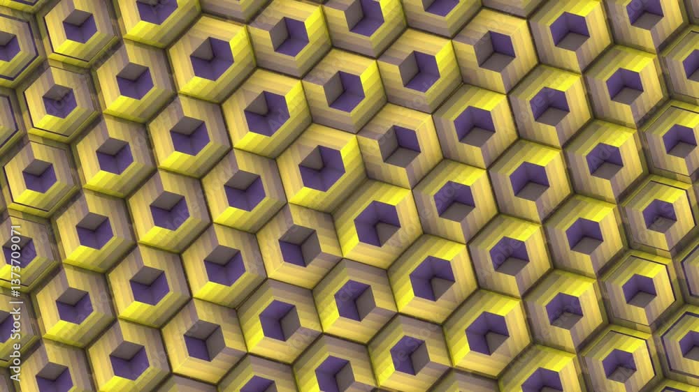 Fototapete Loop animation of a symmetrical pattern of square forms changing their structure. Contrasting shades of yellow and purple enhance dynamics and sense of space. 3d rendering 4K