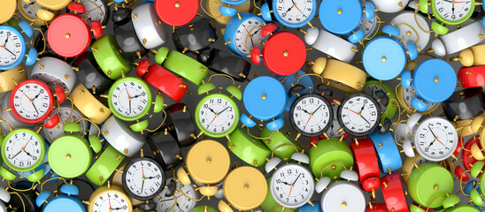 Pile of alarm clocks on multicolor background. 3d render of wake up time