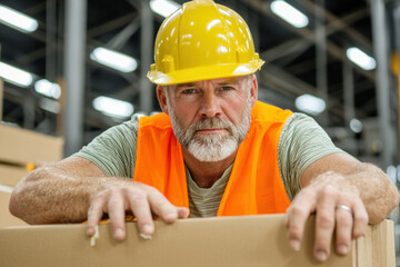 professional warehouse employee wearing yellow hard hat and orange safety vest is focused on securing box in busy warehouse environment. His expression shows determination and responsibility