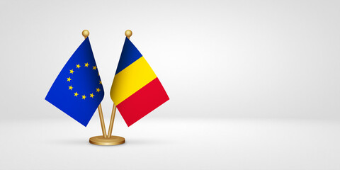 EU vs Chad desk flags mockup 3d illustration. Versus flag of European Union