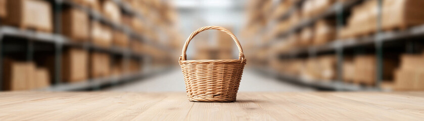 small woven basket sits on wooden surface, surrounded by blurred warehouse filled with stacked boxes. This evokes sense of organization and simplicity